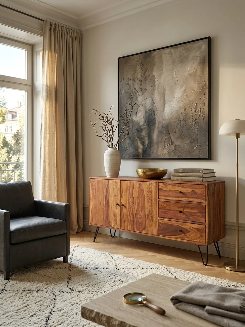 Sideboard – Massivholz, 145x75x40 cm, 3 Schubladen, 2 Türen, Landhausstil, Haarnadelbeine
