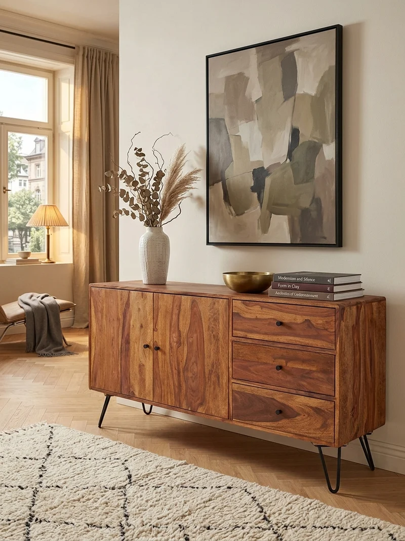 Sideboard – Massivholz, 145x75x40 cm, 3 Schubladen, 2 Türen, Landhausstil, Haarnadelbeine