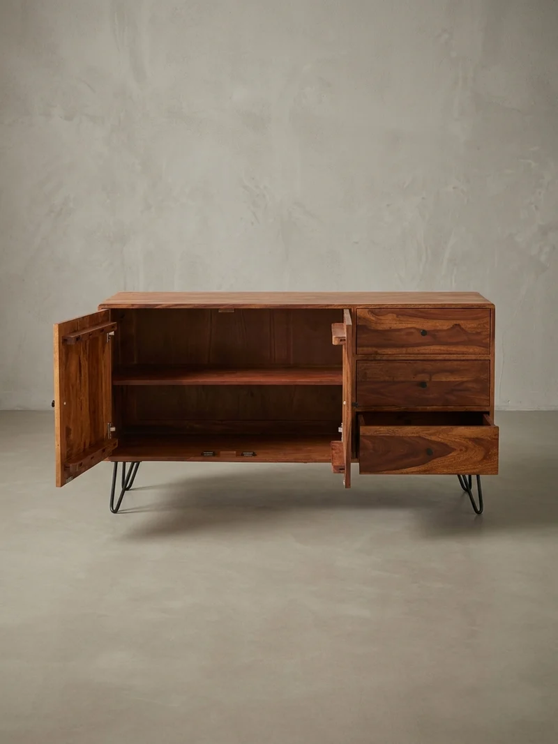 Sideboard – Massivholz, 145x75x40 cm, 3 Schubladen, 2 Türen, Landhausstil, Haarnadelbeine