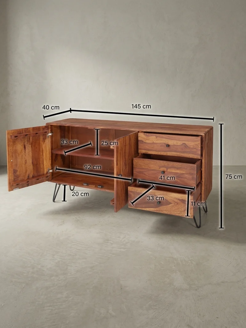 Sideboard – Massivholz, 145x75x40 cm, 3 Schubladen, 2 Türen, Landhausstil, Haarnadelbeine