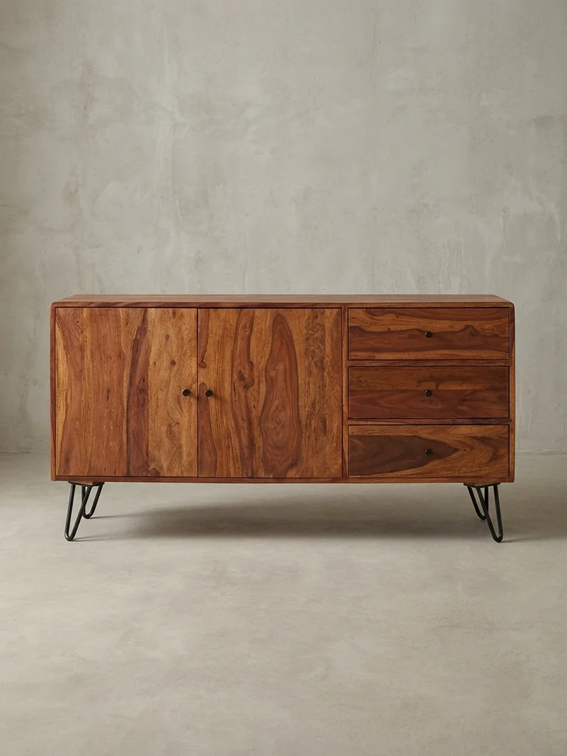 Sideboard – Massivholz, 145x75x40 cm, 3 Schubladen, 2 Türen, Landhausstil, Haarnadelbeine