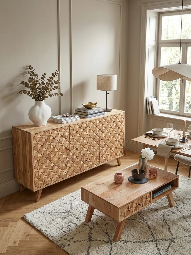 Sideboard –, Akazie Massivholz, 140x78,5x40 cm, Landhausstil, 3 Schubladen, 2 Türen
