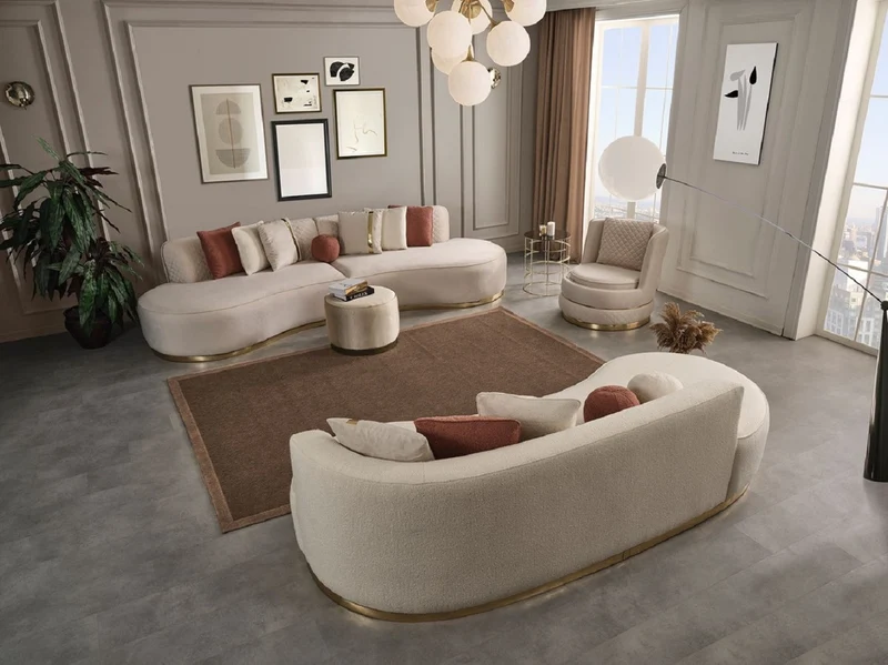 Casa Padrino Luxus Hocker Creme / Gold Ø 50 x H. 43 cm - Runder Wohnzimmer Sitzhocker - Wohnzimmer Möbel - Luxus Möbel - Luxus Einrichtung