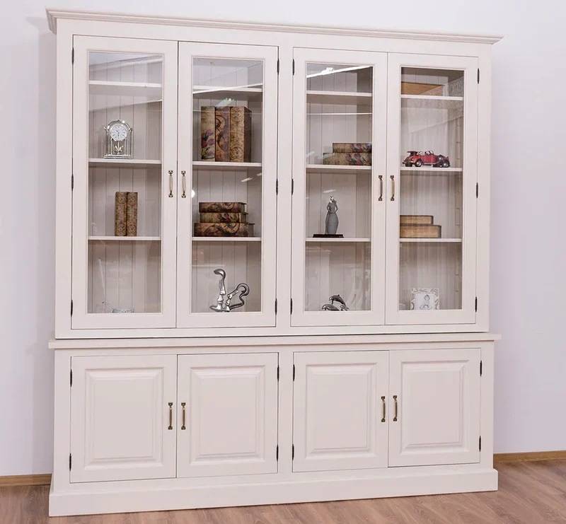 Großer Wohnzimmer Schrank aus Massivholz | Geschirrschrank | Vitrine | Bücherschrank 2-teilig mit externem Verschlusssystem