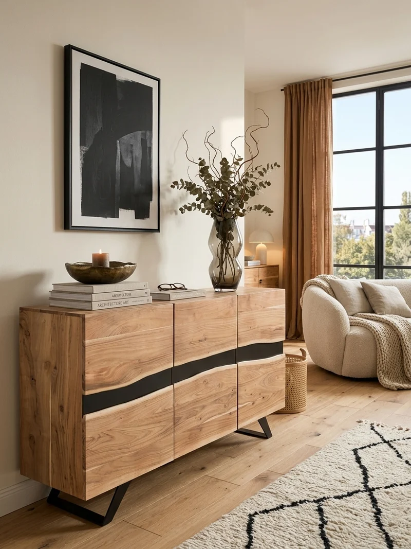 Sideboard – Akazie Massivholz, 148x85x43 cm, Baumkante, Landhausstil, breit