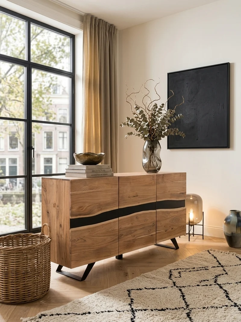Sideboard – Akazie Massivholz, 148x85x43 cm, Baumkante, Landhausstil, breit