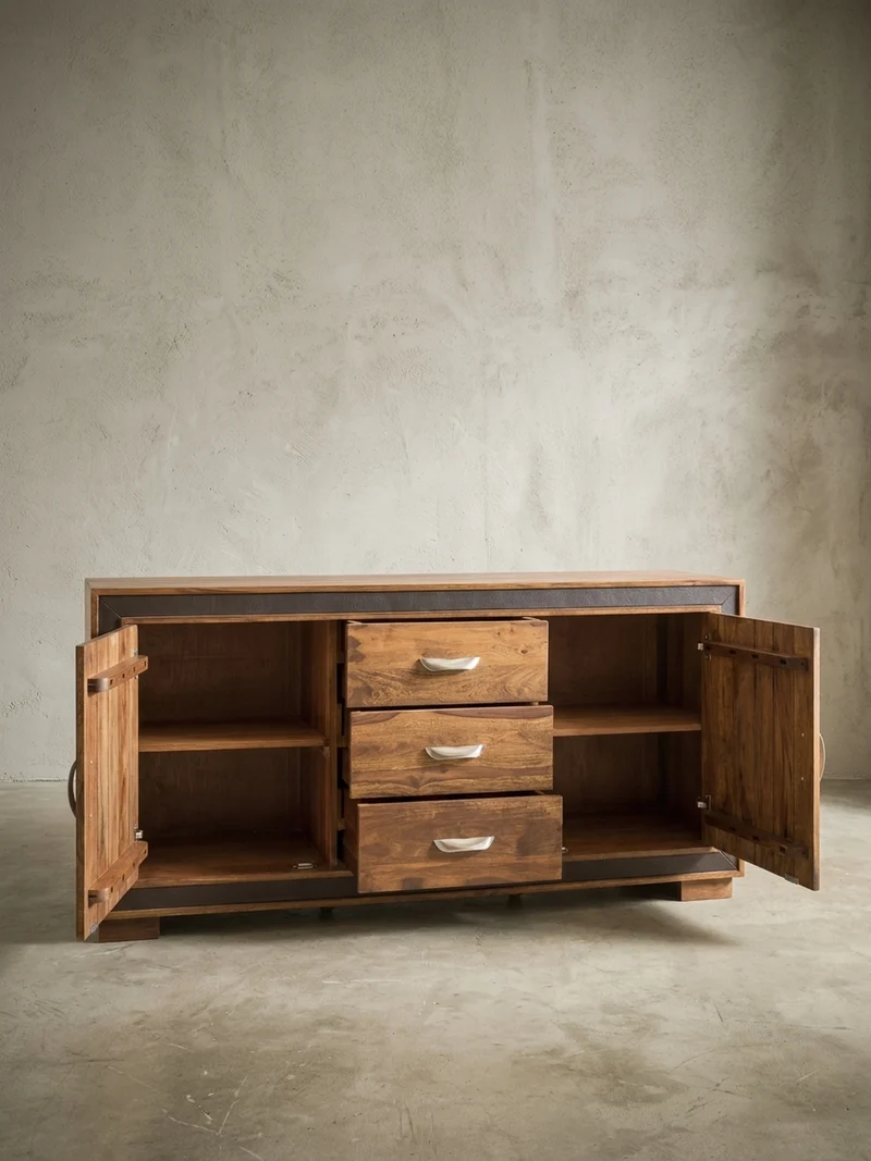 Sideboard – Massivholz, Kunstleder, 160x44x80 cm, rustikal