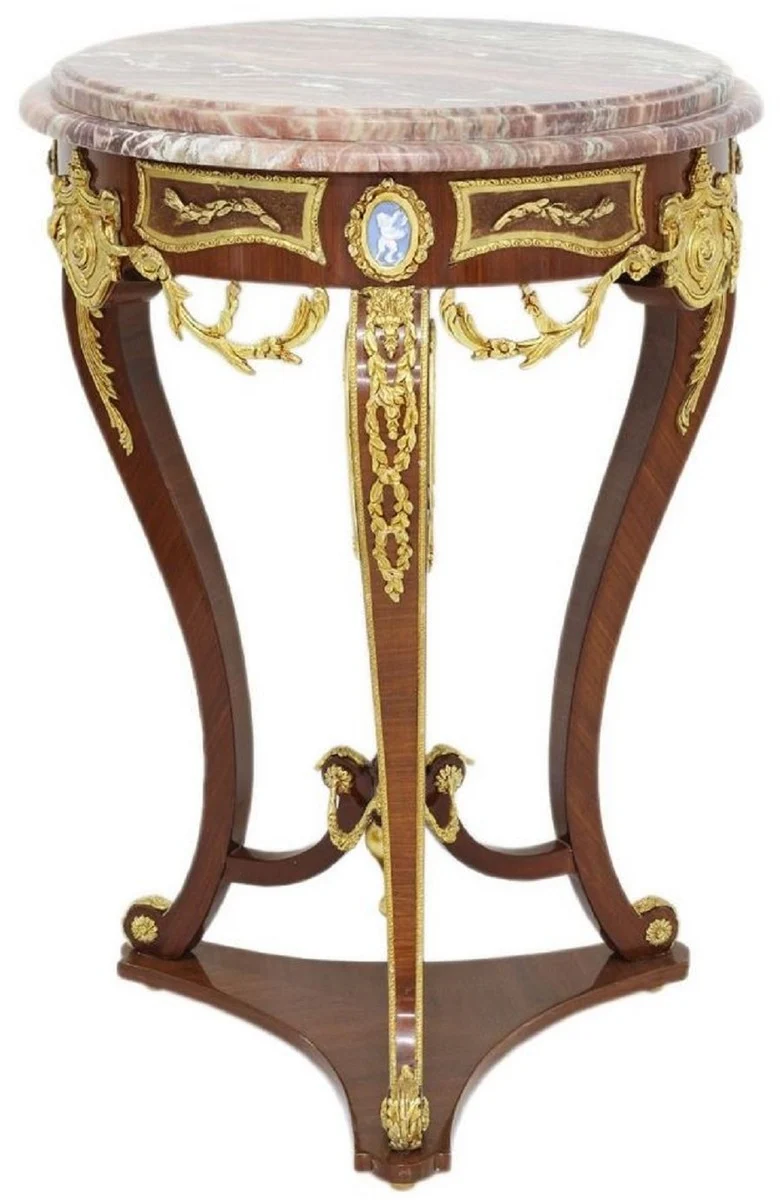 Casa Padrino Barock Beistelltisch Braun / Gold / Rot Ø 55 x H. 78 cm - Runder Massivholz Tisch im Barockstil - Barock Wohnzimmer Möbel