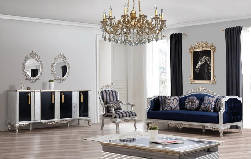 Casa Padrino Luxus Barock Wohnzimmer Set Blau / Silber / Gold - 2 Sofas & 2 Sessel & 1 Couchtisch - Wohnzimmer Möbel im Barockstil - Edel & Prunkvoll