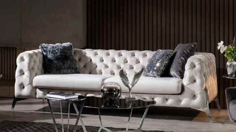 Casa Padrino Luxus Chesterfield Sofa Weiß / Silber 240 x 100 x H. 72 cm - Wohnzimmer Sofa - Chesterfield Wohnzimmer Möbel