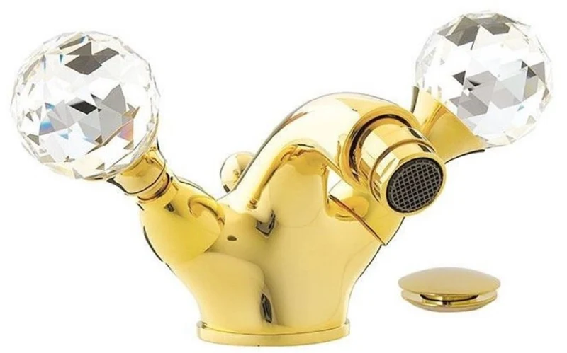 Casa Padrino Luxus Badewannen Armatur mit Swarovski Kristallglas Gold H. 7 cm - Einlochbatterie mit Ablaufgarnitur - Luxus Bad Zubehör - Made in Italy