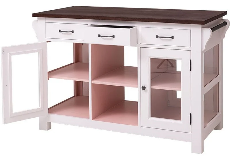 Casa Padrino Landhausstil Kücheninsel Hellgrau / Rosa / Dunkelbraun 135 x 65 x H. 90 cm - Massivholz Esszimmerschrank - Landhausstil Massivholz Küchen Möbel - Esszimmer Möbel im Landhausstil