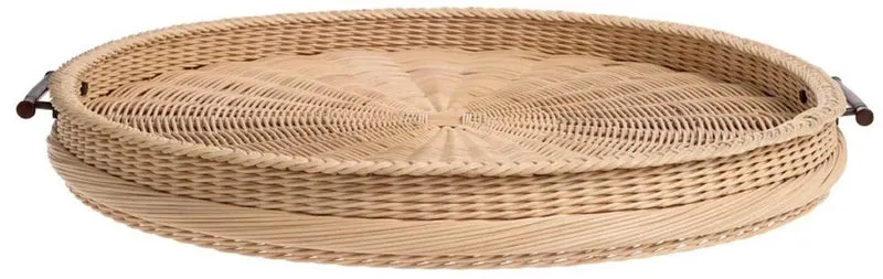 Casa Padrino Luxus Serviertablett Naturfarben / Braun Ø 83 x H. 9 cm - Rundes Rattan Tablett mit 2 Tragegriffen - Gastronomie & Restaurant Accessoires - Luxus Accessoires