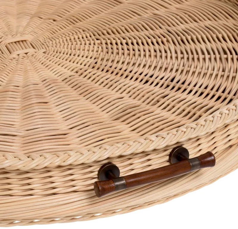 Casa Padrino Luxus Serviertablett Naturfarben / Braun Ø 83 x H. 9 cm - Rundes Rattan Tablett mit 2 Tragegriffen - Gastronomie & Restaurant Accessoires - Luxus Accessoires