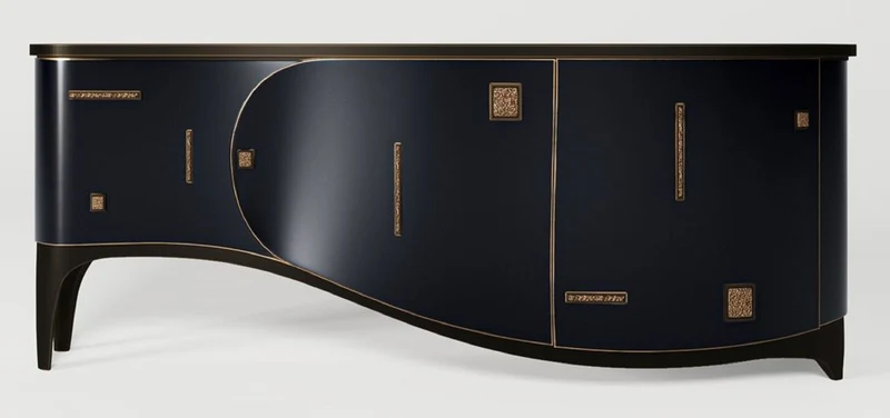 Casa Padrino Luxus Art Deco Sideboard Dunkelblau / Schwarz / Messing 195 x 55 x H. 75 cm - Edler Massivholz Schrank - Art Deco Möbel - Hotel Möbel - Luxus Möbel