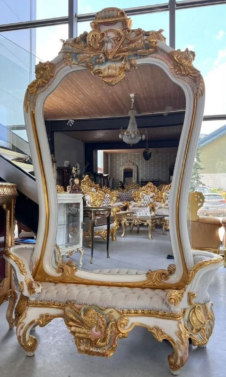 Casa Padrino Barock Spiegel mit Sitzbank Weiß / Grau / Mehrfarbig / Gold - Prunkvolle Barock Spiegelkonsole - Garderoben Möbel Barockstil - Barock Möbel - Edel & Prunkvoll