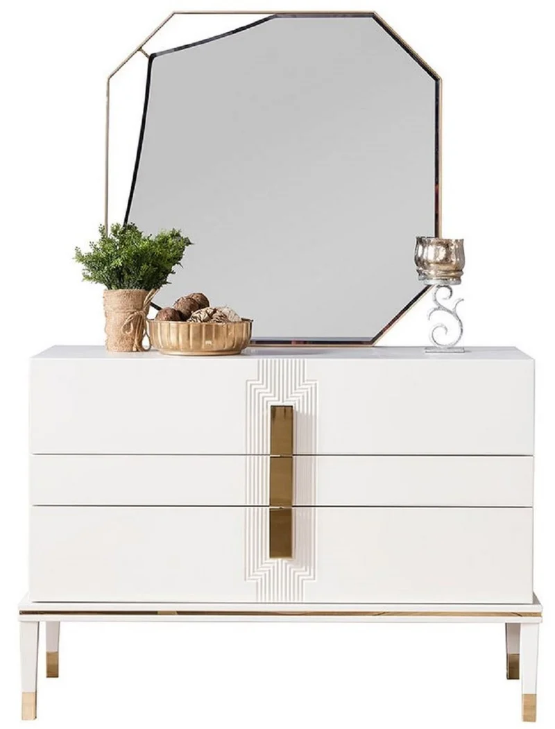 Casa Padrino Luxus Schlafzimmer Kommode mit Wandspiegel Weiß / Gold - Moderner Massivholz Schrank mit elegantem Spiegel - Luxus Schlafzimmer Möbel