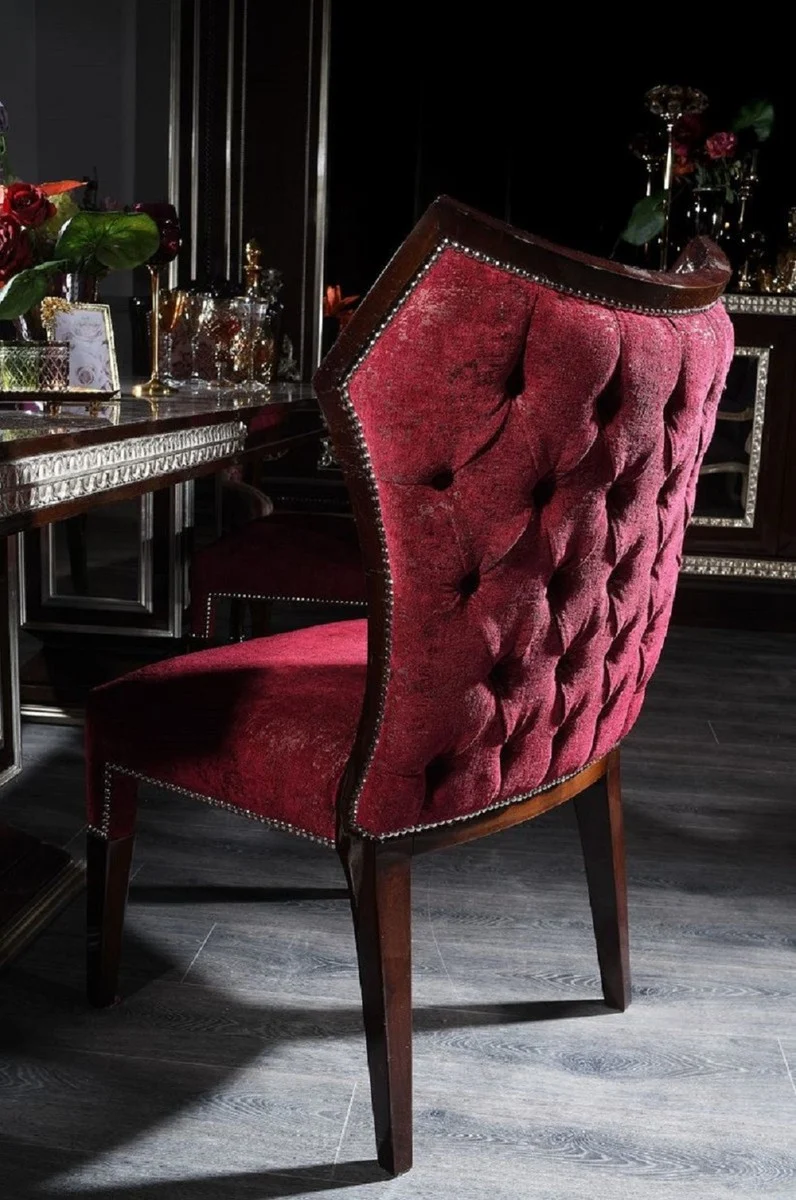 Casa Padrino Luxus Barock Esszimmerstuhl Bordeauxrot / Dunkelbraun / Silber - Handgefertigter Massivholz Küchenstuhl - Prunkvolle Esszimmer Möbel im Barockstil