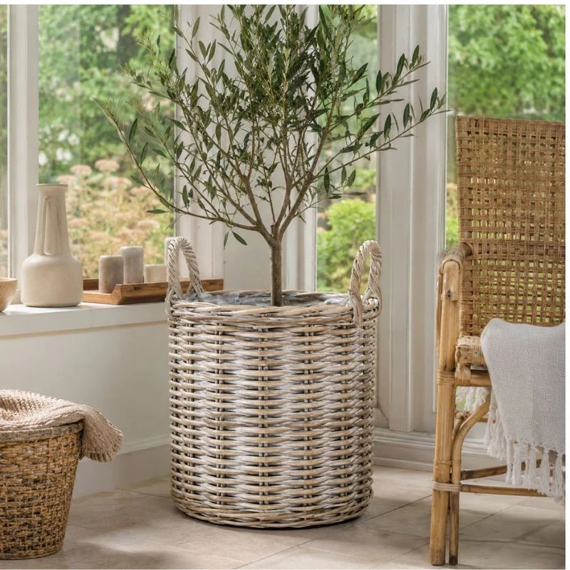 Natur Rattankorb BAKUL rund White Wash 40cm Pflanzkorb Inlay Griffe
