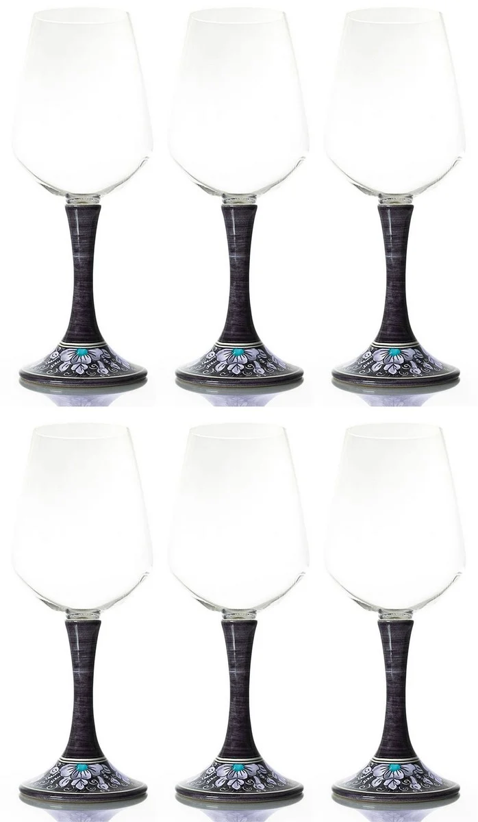 Casa Padrino Luxus Weinglas 6er Set Schwarz / Mehrfarbig H. 23,5 cm - Handgefertigte & handbemalte Weingläser - Hotel & Restaurant Accessoires - Luxus Qualität - Made in Italy