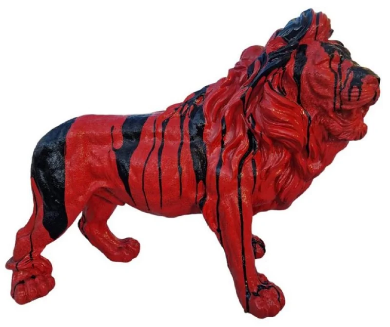 Casa Padrino Luxus XXL Deko Skulptur Löwe Rot / Schwarz 100 x H. 68 cm - Große Deko Figur - XXL Deko Figur - XXL Tierfigur - Wohnzimmer Deko - Garten Deko - Deko XXL Figuren