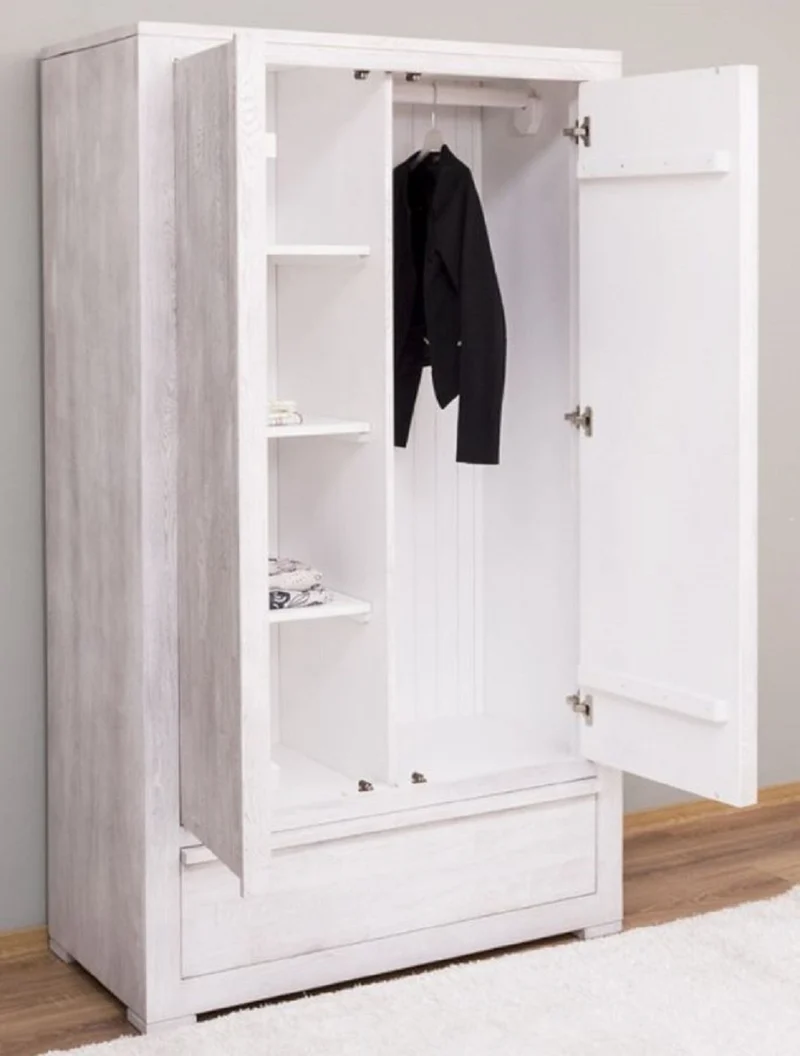 Casa Padrino Landhausstil Kleiderschrank Weiß 110 x 53 x H. 190 cm - Massivholz Schlafzimmerschrank mit 2 Türen und Schublade - Landhausstil Schlafzimmer Möbel