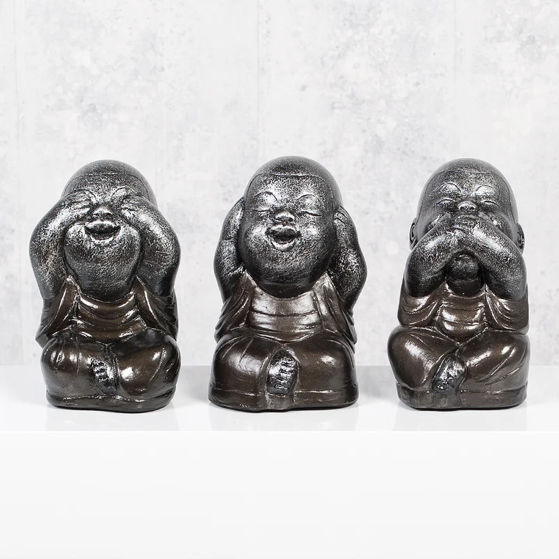 3er Set SHAOLIN Figuren Anthrazit aus Zement Buddha Wellness