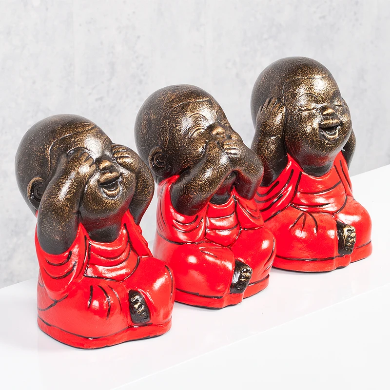 3er Set SHAOLIN Figuren Rot aus Zement Buddha Figur Dekoration