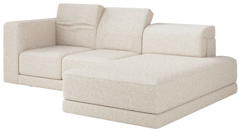 Ecksofa Novals, L-förmig, rechtsseitig, mit verstellbaren Kopfstützen, cremefarbener Bouclé-Stoff