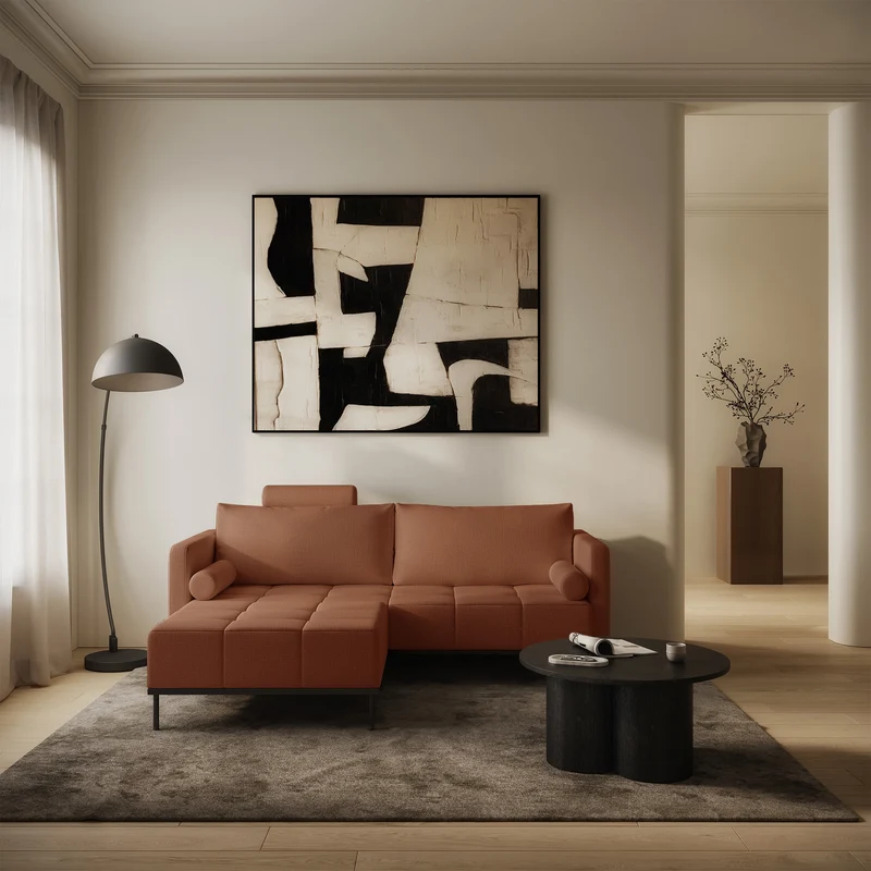 Dreisitziges ausklappbares Sofa Skilia mit kupferfarbenem, wasserabweisendem Chenille-Hocker