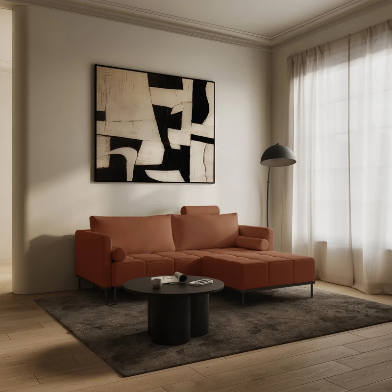 Dreisitziges ausklappbares Sofa Skilia mit kupferfarbenem, wasserabweisendem Chenille-Hocker