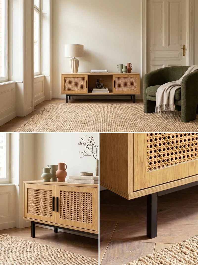 Lowboard Eiche-Dekor Zeitloser Stil 120x45,5x40 cm mit Wiener Geflecht und Schiebetüren
