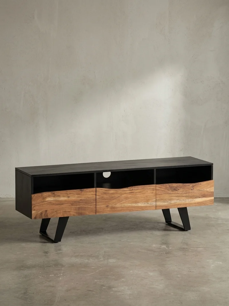 Lowboard Akazie Massivholz Modern Stil 140x50x40 cm Baumkante mit Schublade und Türen