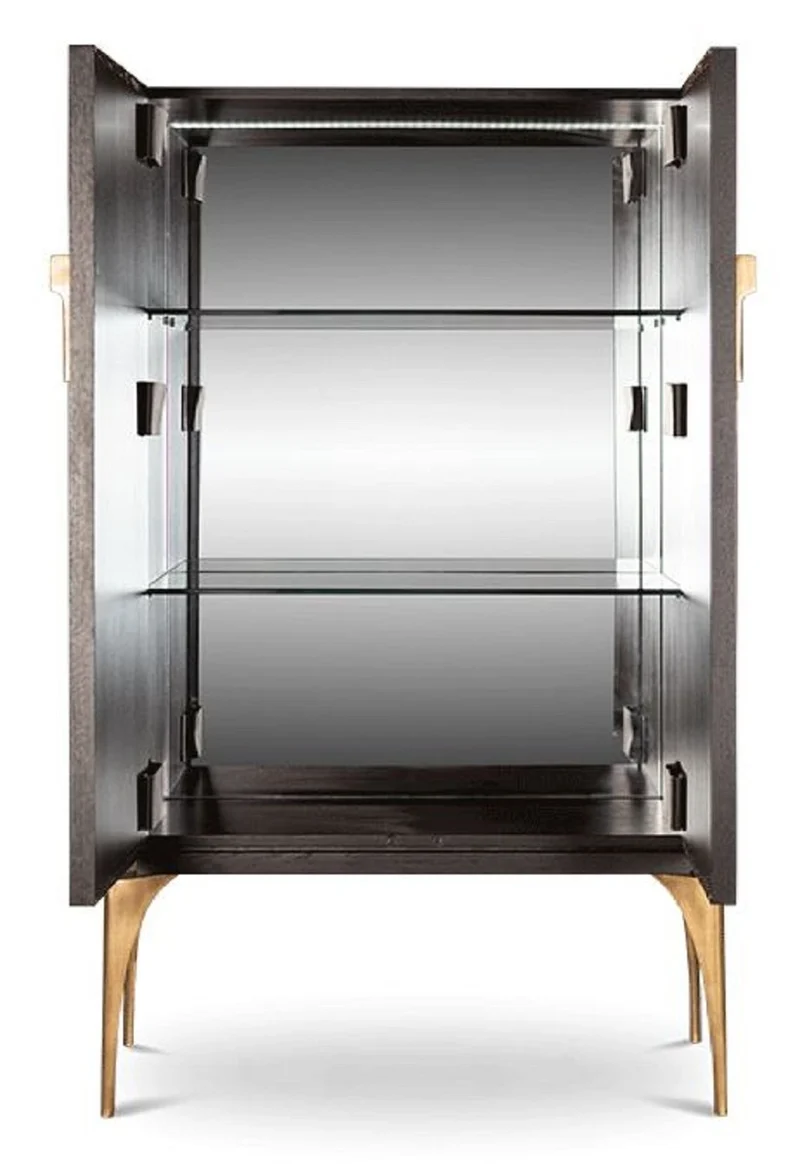 Casa Padrino Designer Barschrank Dunkelbraun / Gold / Messing 100 x 46 x H. 166 cm - Massivholz Schrank mit 2 Türen - Wohnzimmer Möbel - Hotel Möbel - Luxus Kollektion