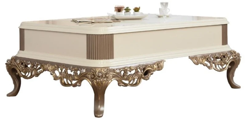Casa Padrino Luxus Barock Couchtisch Weiß / Braun / Gold 130 x 92 x H. 50 cm - Prunkvoller handgefertigter Wohnzimmertisch im Barockstil - Barock Möbel