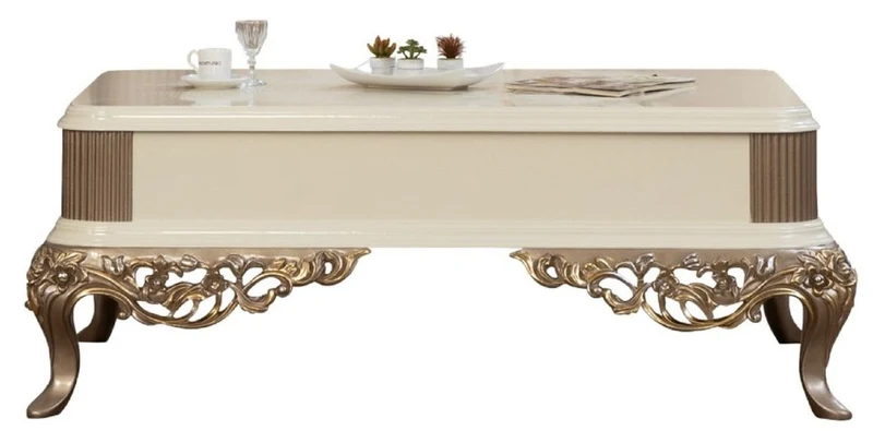 Casa Padrino Luxus Barock Couchtisch Weiß / Braun / Gold 130 x 92 x H. 50 cm - Prunkvoller handgefertigter Wohnzimmertisch im Barockstil - Barock Möbel
