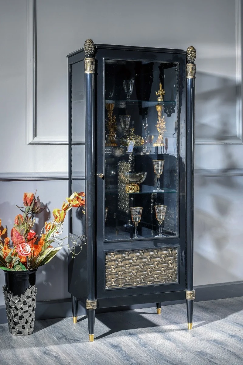 Casa Padrino Luxus Barock Vitrine Schwarz / Gold - Prunkvoller Massivholz Vitrinenschrank mit Glastür - Luxus Möbel im Barockstil - Barock Möbel - Edel & Prunkvoll