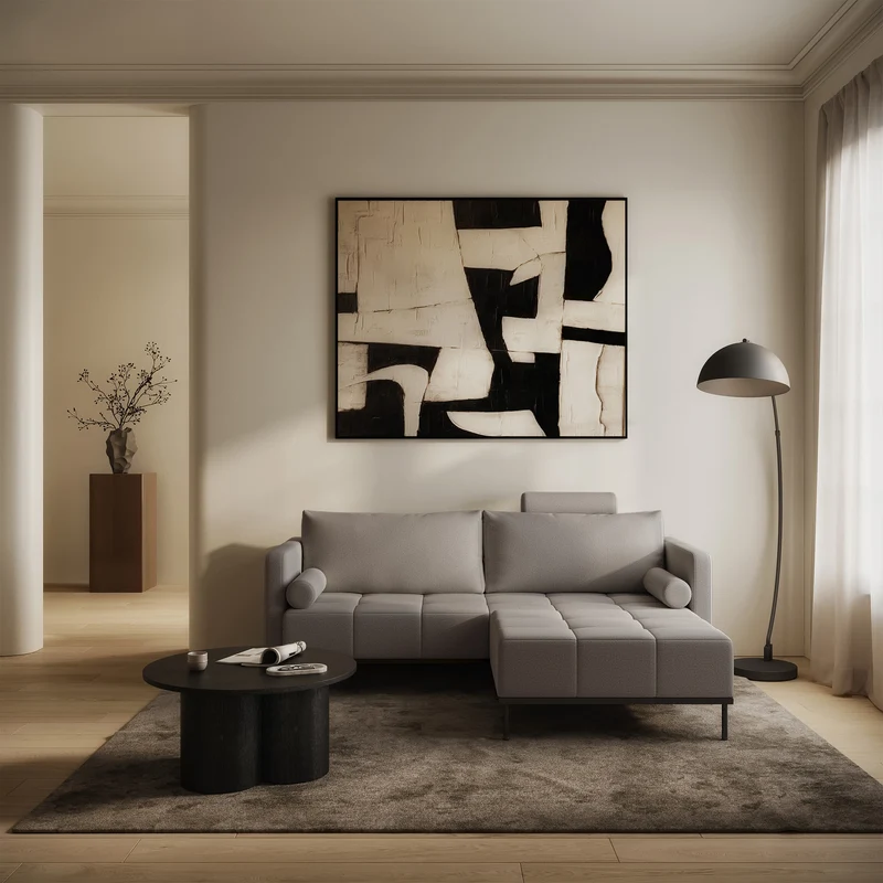 Dreisitziges ausklappbares Sofa Skilia mit Hocker, grauer, pflegeleichter Strickstoff