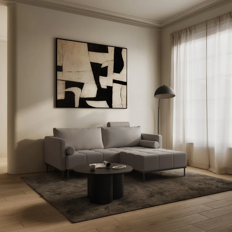 Dreisitziges ausklappbares Sofa Skilia mit Hocker, grauer, pflegeleichter Strickstoff