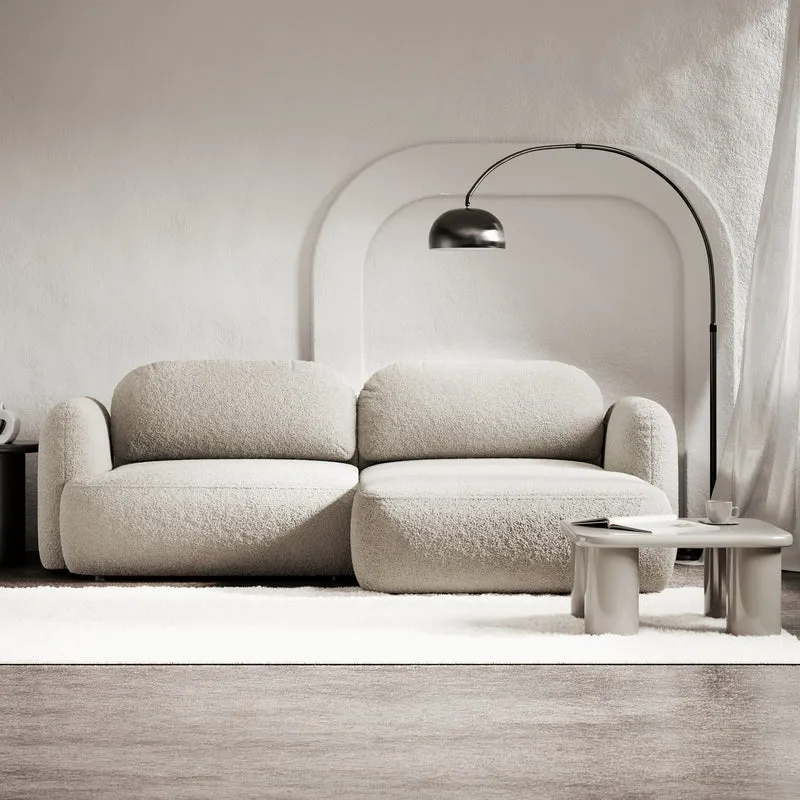 Ecksofa mit Schlaffunktion Tvoya, L-förmig, rechtsseitig, hellbeige Bouclé