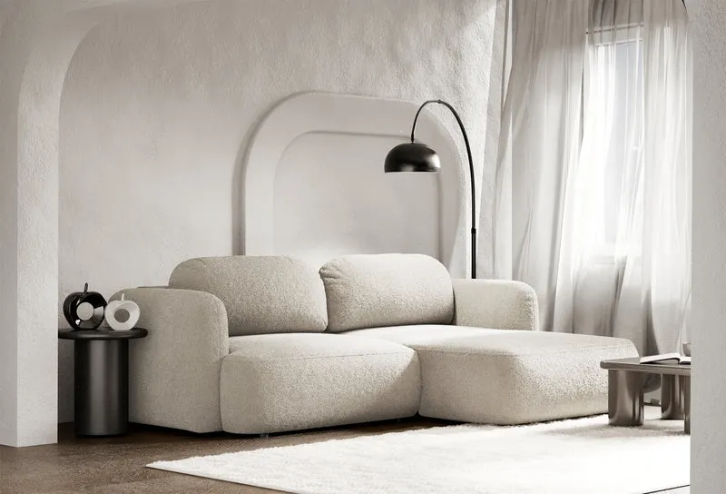 Ecksofa mit Schlaffunktion Tvoya, L-förmig, rechtsseitig, hellbeige Bouclé