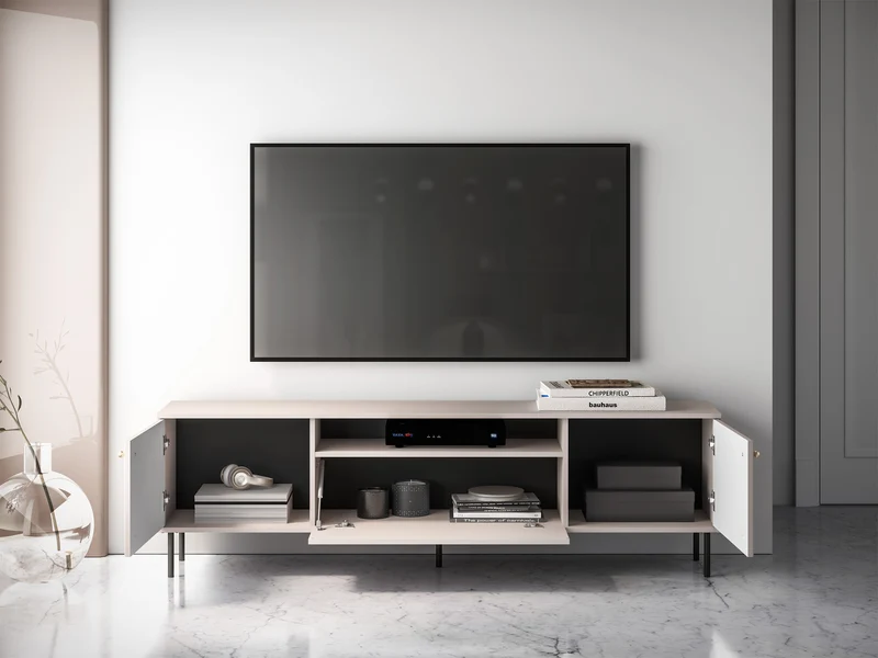 Zweiturige TV-Kommode Caletto mit Klappe und Regal, 180 cm, dekorative Lamellen Kaschmir