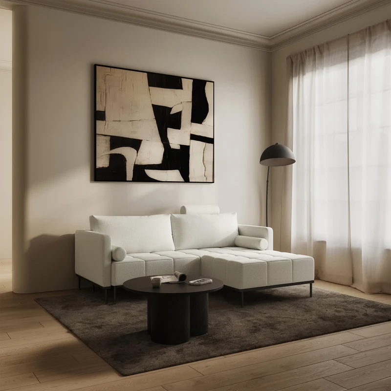 Dreisitziges ausklappbares Sofa Skilia mit Hocker, hellgraubeige, hydrophober Chenillestoff