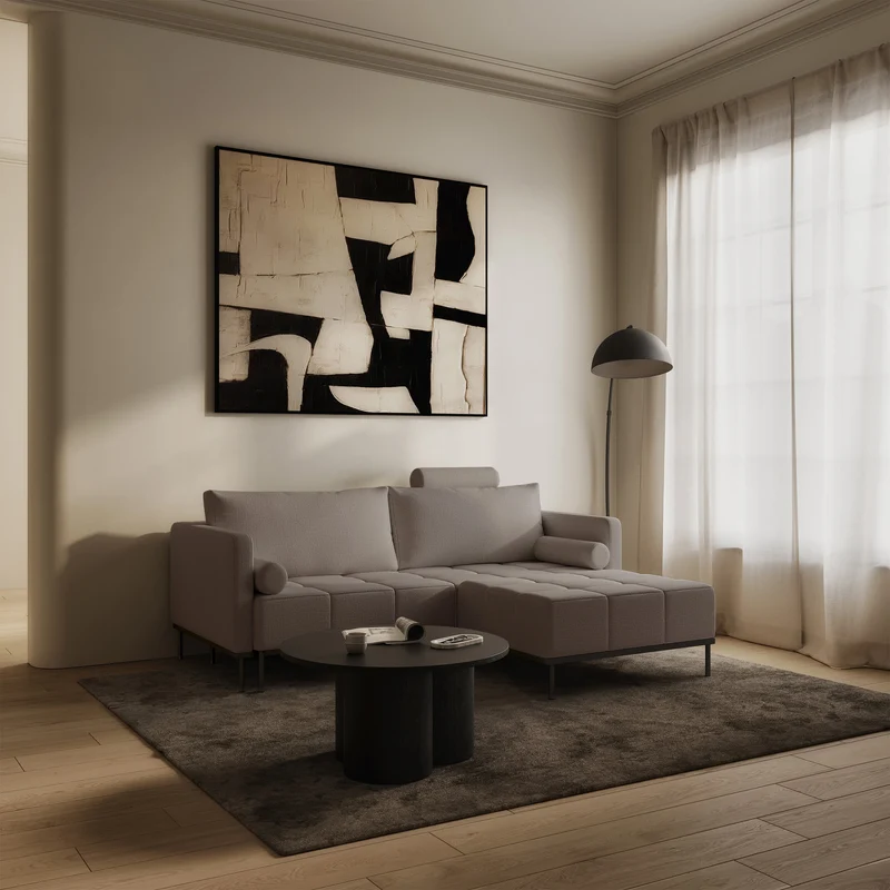 Dreisitziges ausklappbares Sofa Skilia mit Hocker, graubrauner hydrophober Chenille-Stoff