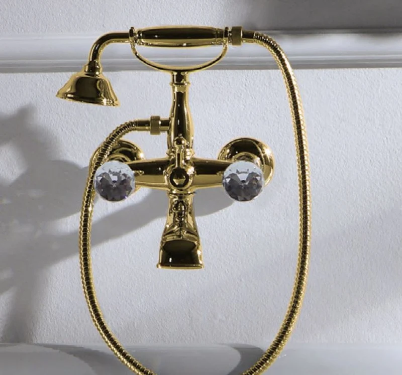 Casa Padrino Luxus Jugendstil Badarmatur mit Schlauch und Handbrause Gold - Badewannen Armatur mit Swarovski Kristallglas - Nostalgisches Bad Zubehör - Wannenbatterie