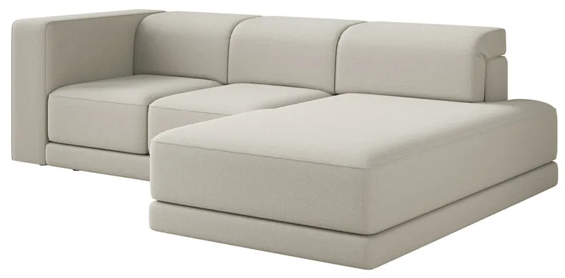 Ecksofa Novals, L-förmig, rechtsseitig, mit verstellbaren Kopfstützen, grau-beiger Chenille-Stoff