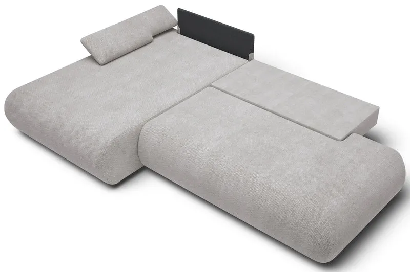Ecksofa mit Schlaffunktion Armone, L-förmig, linksseitig, hellgrauer Chenille-Stoff
