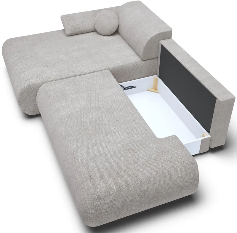 Ecksofa mit Schlaffunktion Armone, L-förmig, linksseitig, hellgrauer Chenille-Stoff