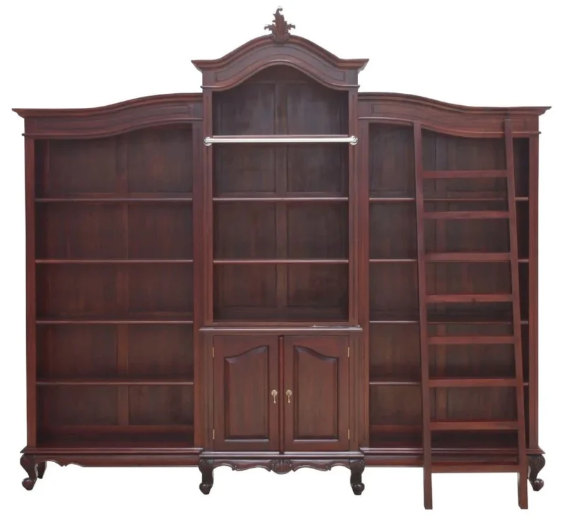 Casa Padrino Luxus Barock Mahagoni Bücherschrank Dunkelbraun 280 x 47 x H. 245 cm - Prunkvoller Barockstil Schrank mit Leiter - Barock Büro Möbel - Edel & Prunkvoll