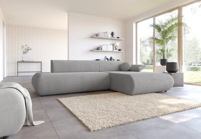 Ecksofa mit Schlaffunktion Armone, L-förmig, rechtsseitig, grauer Chenille-Stoff